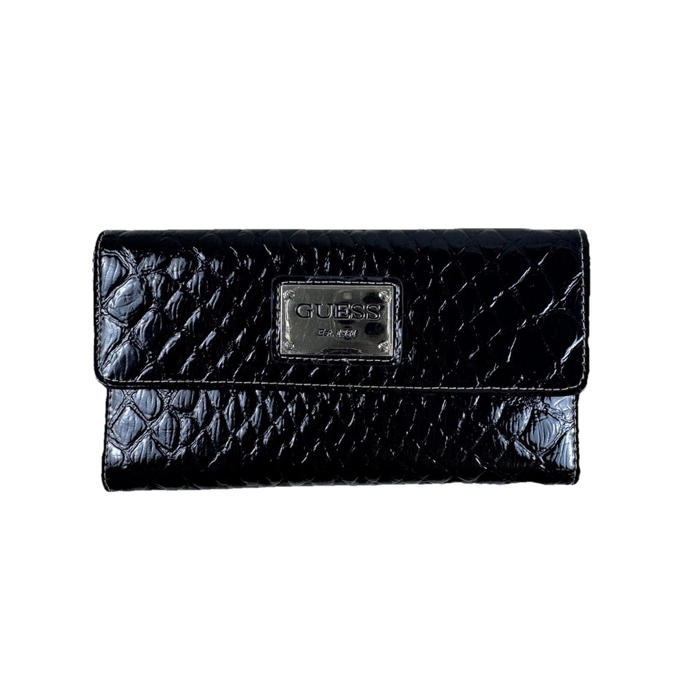 Vintage Y2K Guess By Marciano Black Patent Snakeskin Trifold Wallet 15 Card Slot